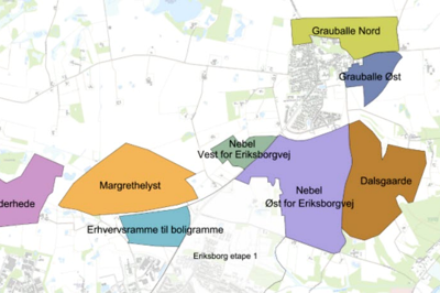 Kortet viser de områder omkring Eriksborg og Grauballe, hvor der er planer eller ønsker om fremtidig boligbyggeri. I Eriksborg står Nebel øst for Eriksborgvej først for, mens Sønderhede, Margrethelyst og Dalsgaarde ligger længere ude i fremtiden. Grauballe Nord og Grauballe Øst indgår også i kommunens samlede overvejelser om nye boligområder.