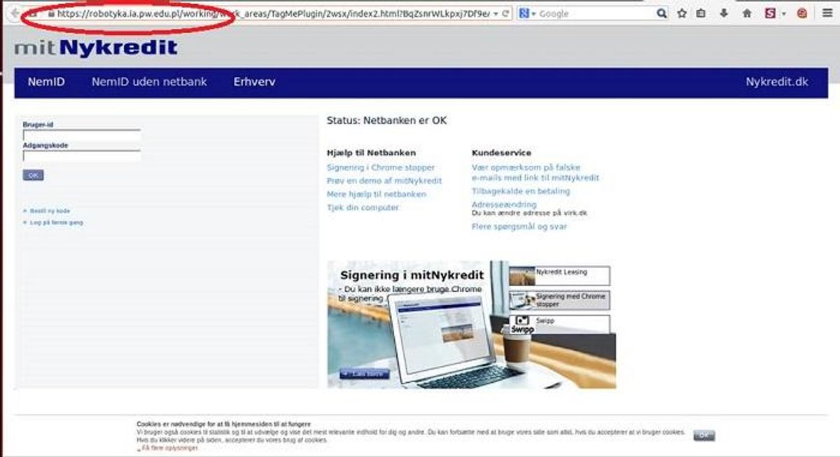 “Nogle phishing-mails linker ind til hjemmesider, der ser troværdige ud, men som er falske kopier. På disse hjemmesider opfordres brugerne til at tage et billede af deres nøglekort og uploade det. Nøglekortet må ikke affotograferes eller digitaliseres. NemID og Nets vil aldrig sende mails ud til NemID-brugere for at bede dem om at oploade eller scanne deres nøglekort,” skriver Nets Her er det en falsk hjemmeside. Foto: Nets