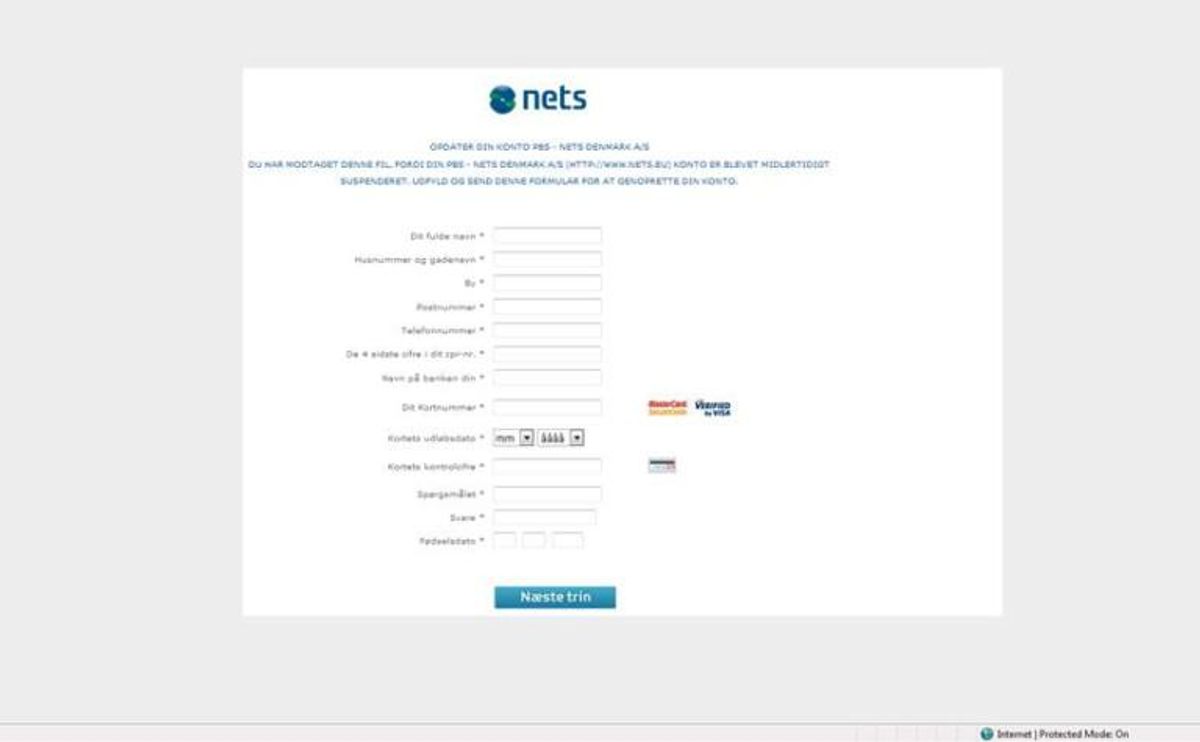 Her er et eksempel på et link til en falsk hjemmeside, hvor man opfordres til at indtaste fortrolige oplysninger. Foto: Nets