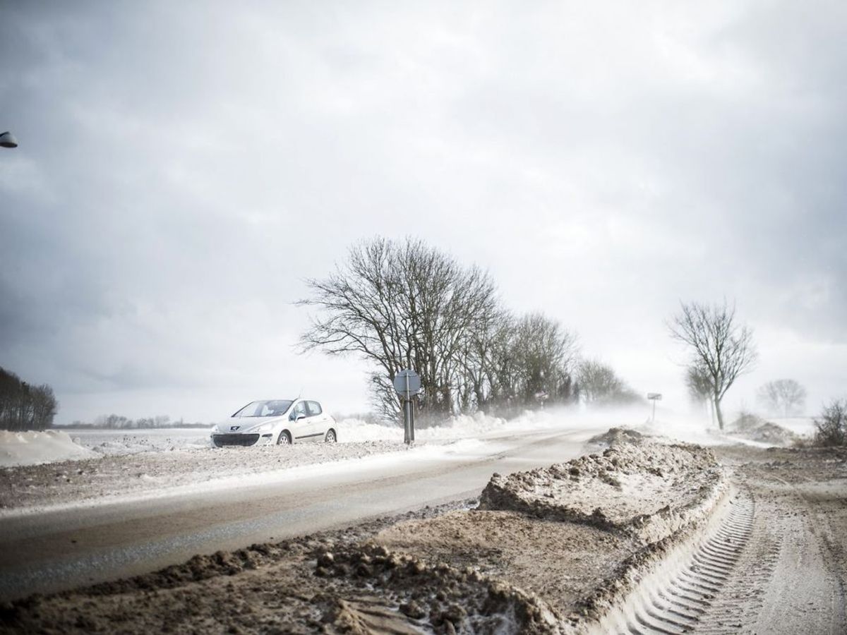 Sne og snefygning på Rute 9. på Tåsinge. (Foto: Tim Kildeborg Jensen/Scanpix 2021)