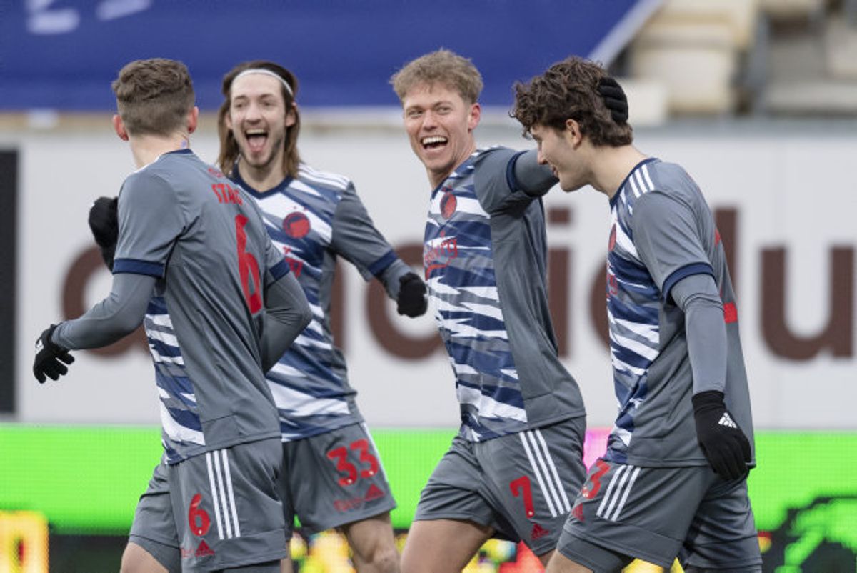 FC København-spillerne kunne juble over Viktor Fischers mål til 1-0 ude mod AC Horsens. Foto: Bo Amstrup/Scanpix