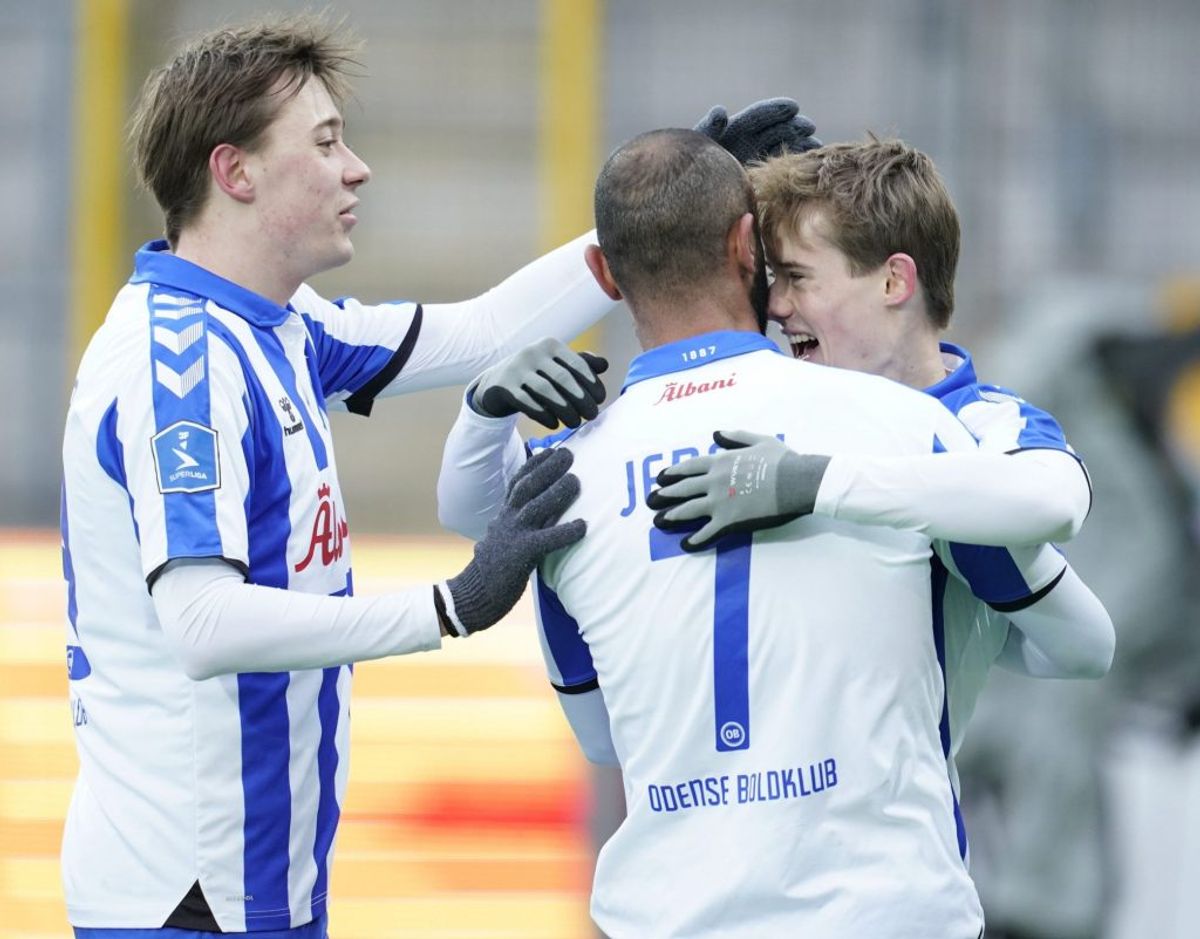 OB-spillerne kunne juble over et af holdets to mål på kunstgræsset i Farum, da fynboerne slog FC Nordsjælland i Superligaen. – Foto: Claus Bech/Ritzau Scanpix