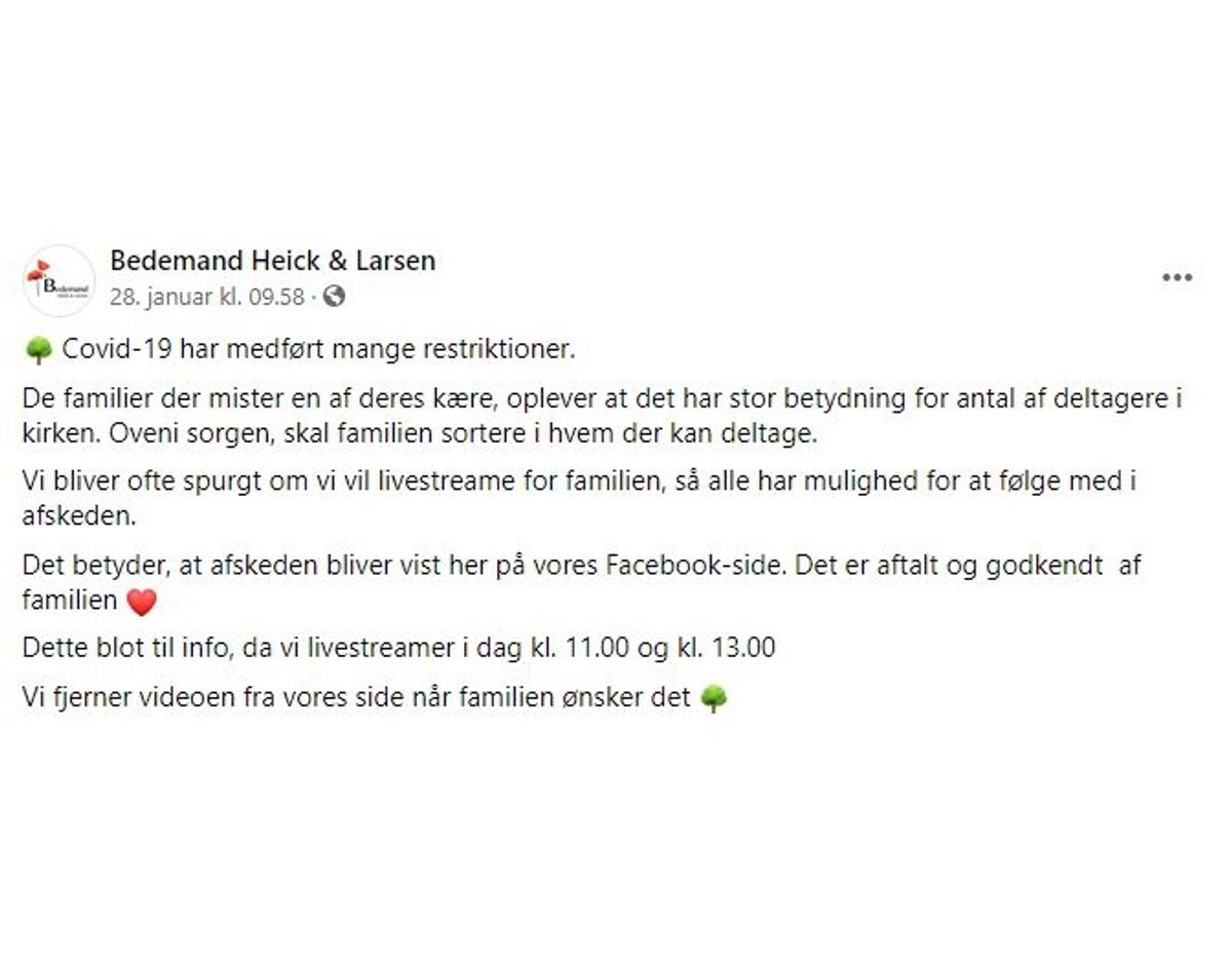 Bedemand Heick & Larsen “advarer” altid med denne besked forud for en transmitteret bisættelse. Foto: Screenshot