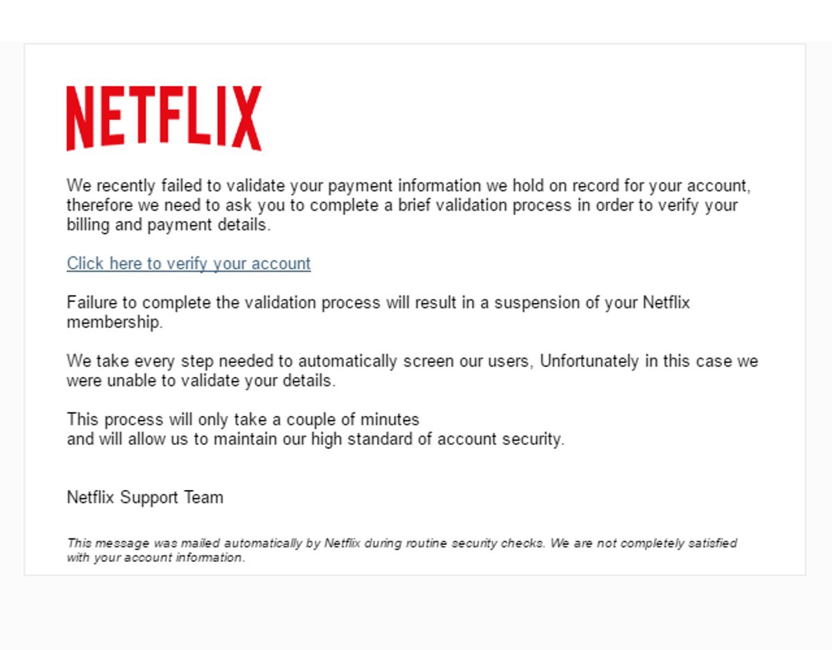 Denne mail fra “Netflix” er også et klassisk eksempel på et phishing-forsøg.