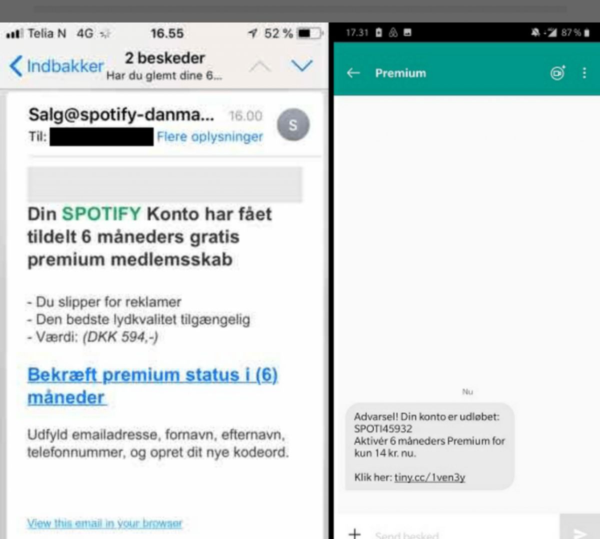 Sådan ser de nye eksempler på mails fra “Spotify” ud. Klik videre for flere eksempler på andre store firmaer, der svindles med. (Foto: Mit digitale selvforsvar/Screenshot)