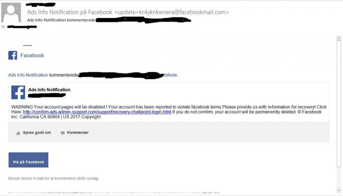 Her er det media-giganten Facebook, der “mangler” oplysninger fra dig. Mailen er falsk, og du skal slette den. Foto: NC3