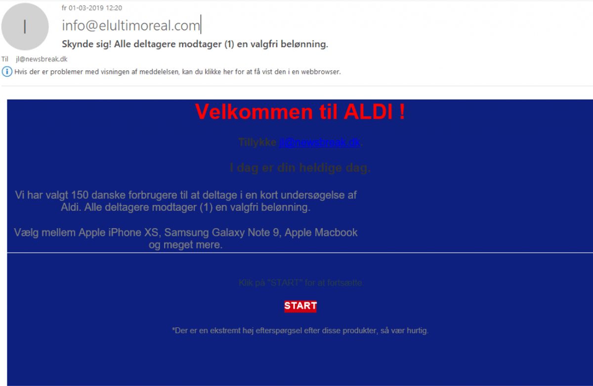 Kæden Lidl er også et navn, svindlerne gemmer sig bag. Denne mail er således kommet Newsbreak.dk i hænde denne fredag. Dog er den jammerligt udført. Foto: Screenshot