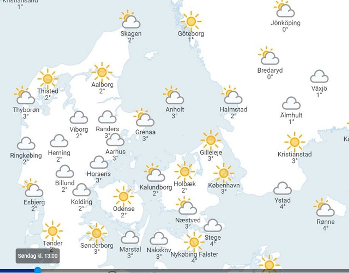Vejret søndag eftermiddag. Foto: DMI.