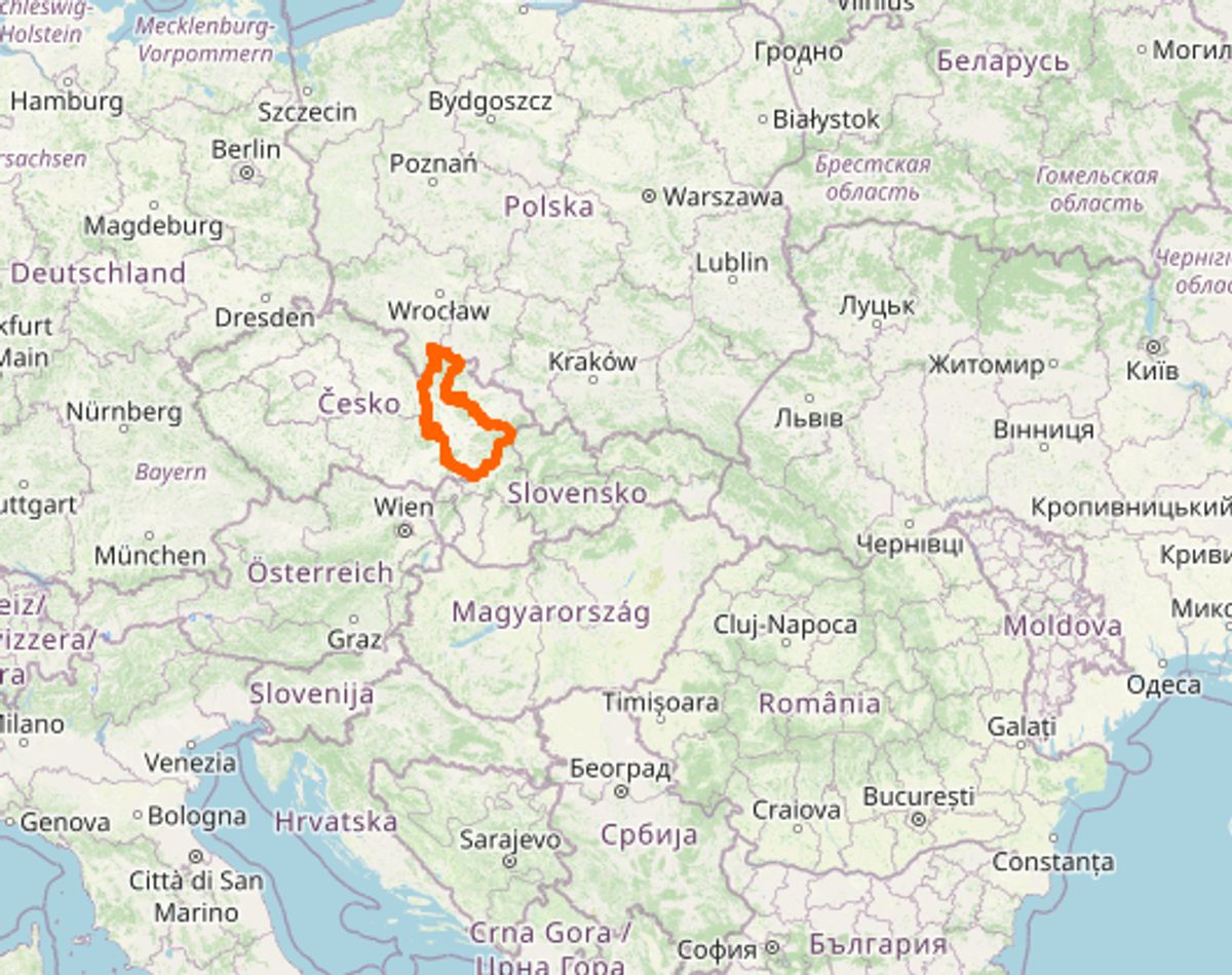 I det centrale Mähren i Tjekkiet er der 1554 smittede per 100.000. Foto: Openstreetmap.org