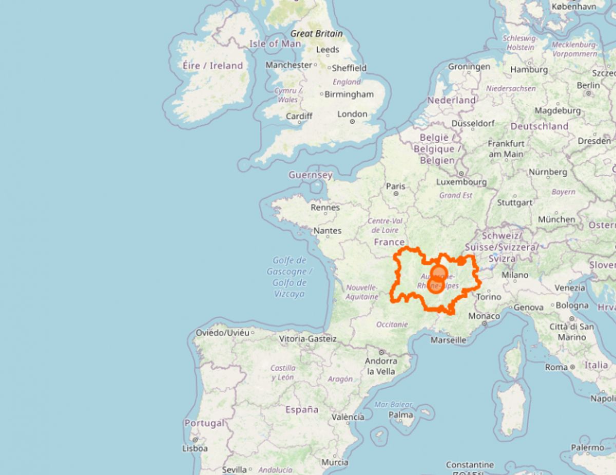 Den franske region Auvergne-Rhône-Alpes, hvor blandt andet storbyen Lyon ligger, har 1601 smittede per 100.000 Foto: Openstreetmap.org