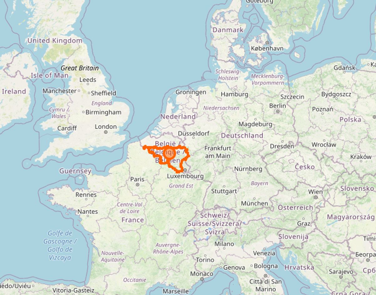 Hårdest ramt i Europa er den belgiske region Vallonien, hvor vanvittige 2180 per 100.000 på en uge er blevet testet positive. Foto: Openstreetmap.org