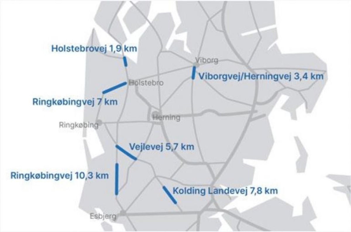 Til forsøget er seks strækninger udvalgt, hvor fartmærkerne skal sættes op. Foto: Vejdirektoratet.