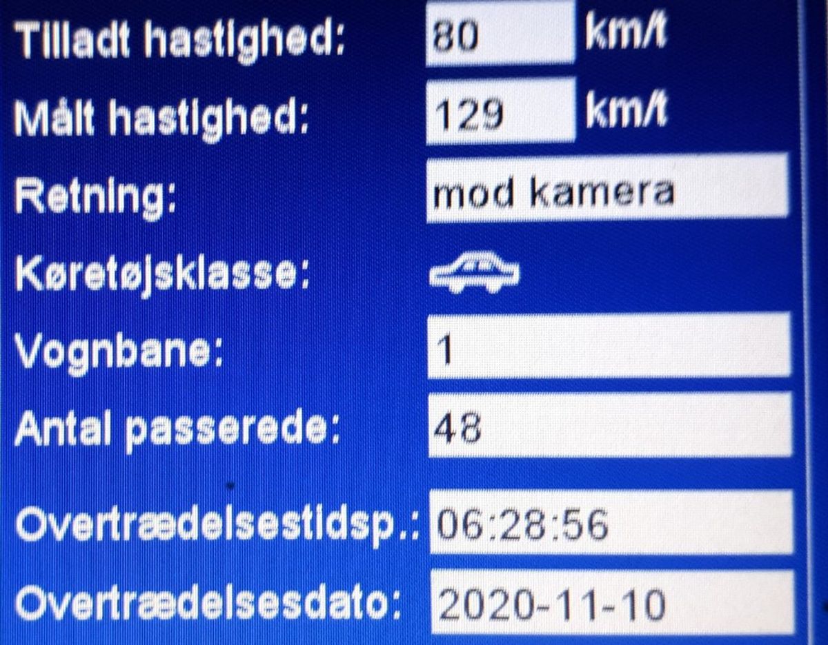 En bilist blev fanget med svimlende 129 kilometer i timen på en landevej tirsdag morgen. Foto: Syd- og Sønderjyllands Politi