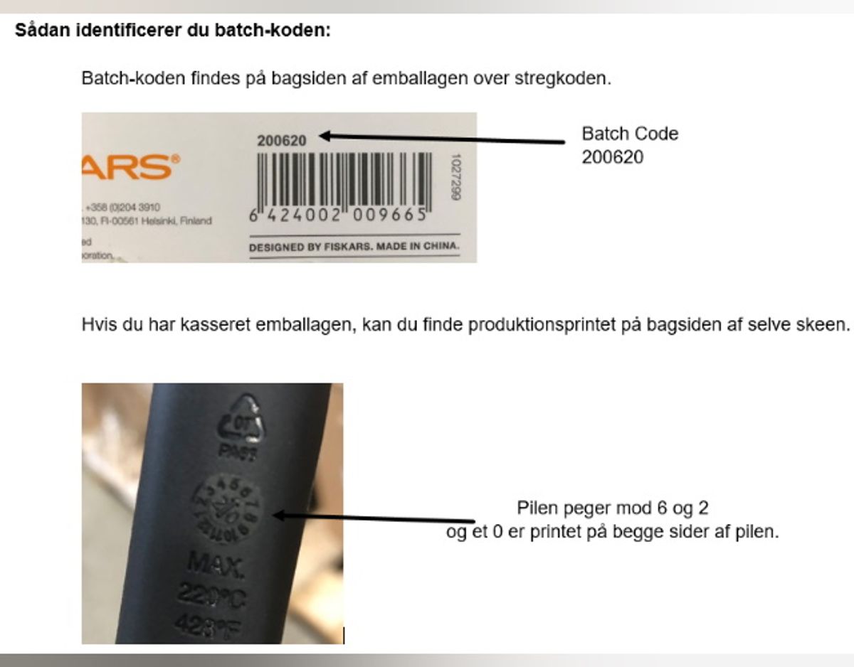 Sådan kan man se, om man har købt en ske, der er omfattet af tilbagekaldelsen. Foto: Fødevarestyrelsen.