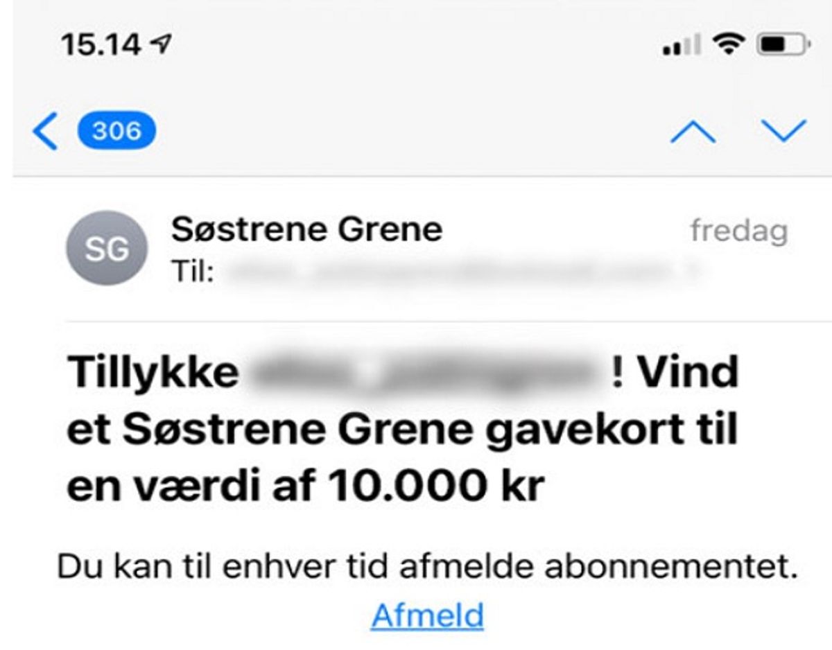 Sådan ser den falske mail fra Søstrene Grene ud. KLIK og se andre eksempler. Foto: Screenshot.