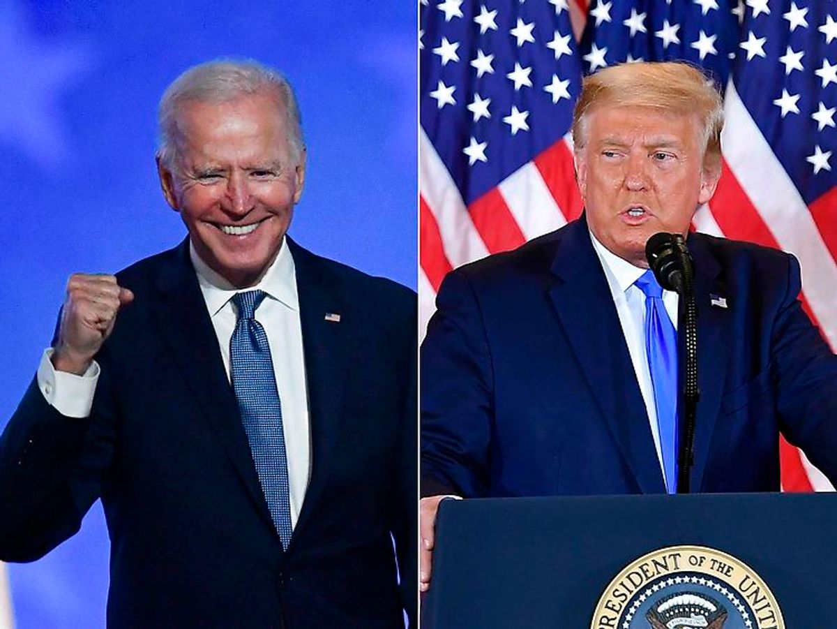 TOPSHOT – (COMBO) This combination of pictures createdAlt tyder på, at vindere af det ameqrikanske præsidentvalg bliver Joe Biden – men han er endnu ikke officielt udråbt som vinder. Arkivfoto: Scanpix.