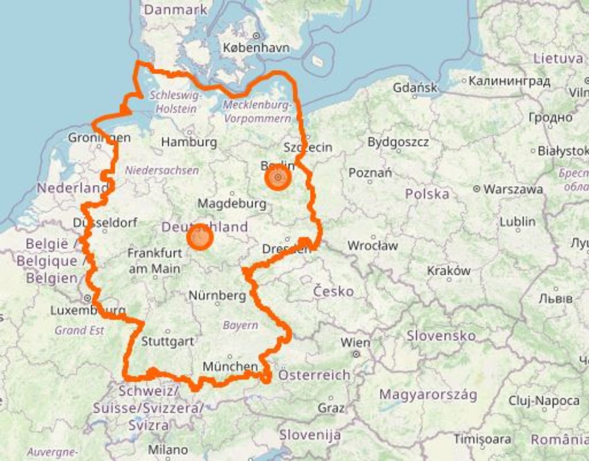 Tyskland. Her er dog krav om karantæne, hvis man kommer fra Region Hovedstaden. Foto: Openstreetmap.org