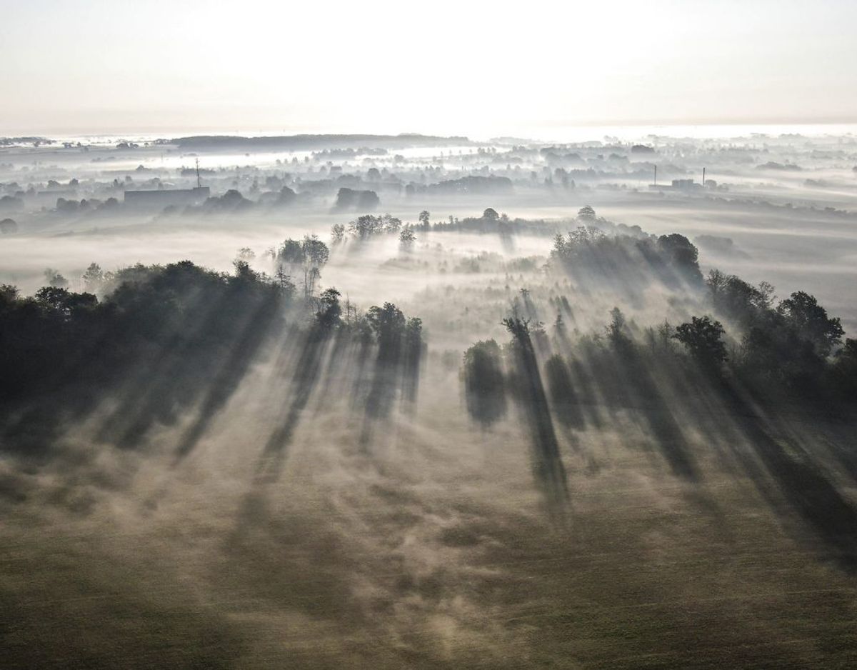 Her er det ved Kværndrup på Sydfyn, hvor tågen bugter sig mellem marker og veje. Foto: Michael Bager/Ritzau Scanpix. KLIK VIDERE OG SE FLERE FANTASTISKE TÅGEBILLEDER
