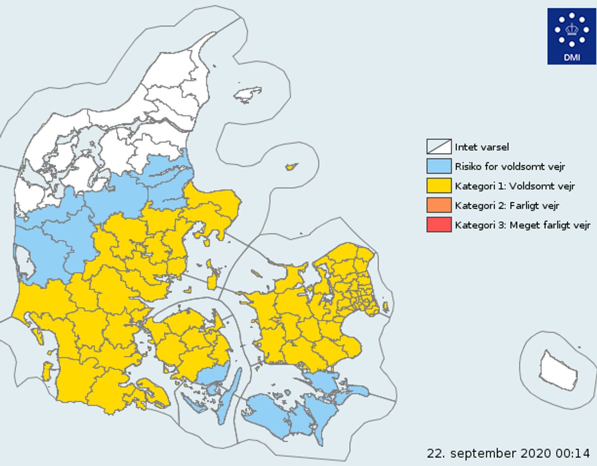 DMI har udsendt et varsel om tåge flere steder i landet tirsdag morgen. Foto: DMI.
