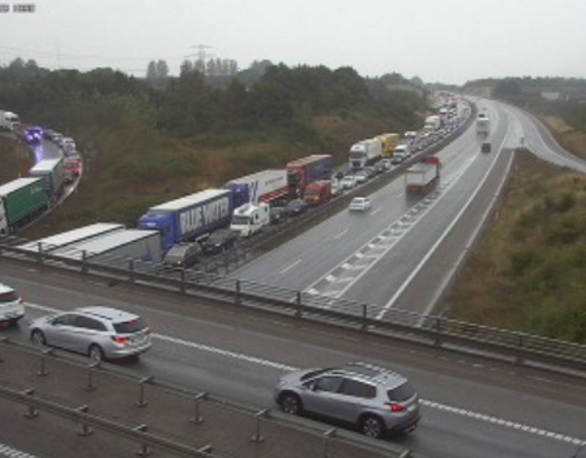 Kø på E45 efter trafikuheld torsdag eftermiddag. Foto: Vejdirektoratet.