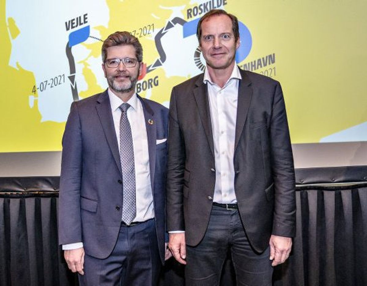 Løbsdirektør for Tour de France, Christian Prudhomme, og Københavns overborgmester, Frank Jensen (S), ved præsentationen af den danske Tour-start. (Arkivfoto). Foto: Henning Bagger/Scanpix