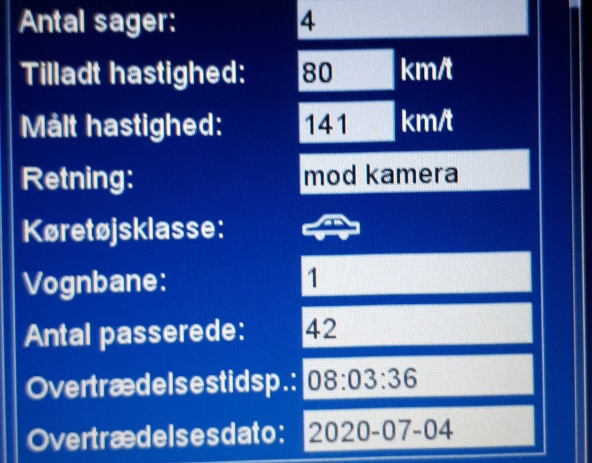 Det var denne måling på 141 km/t bilisten nu kommer til at stå til regnskab for. Foto: Syd- og Sønderjyllands Politi.