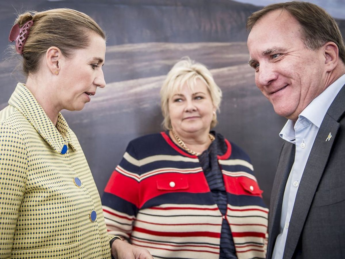 Statsminister Mette Frederiksen, Norges statsminister Erna Solberg og Sveriges statsminister Stefan Löfven (Foto: Mads Claus Rasmussen/Ritzau Scanpix)