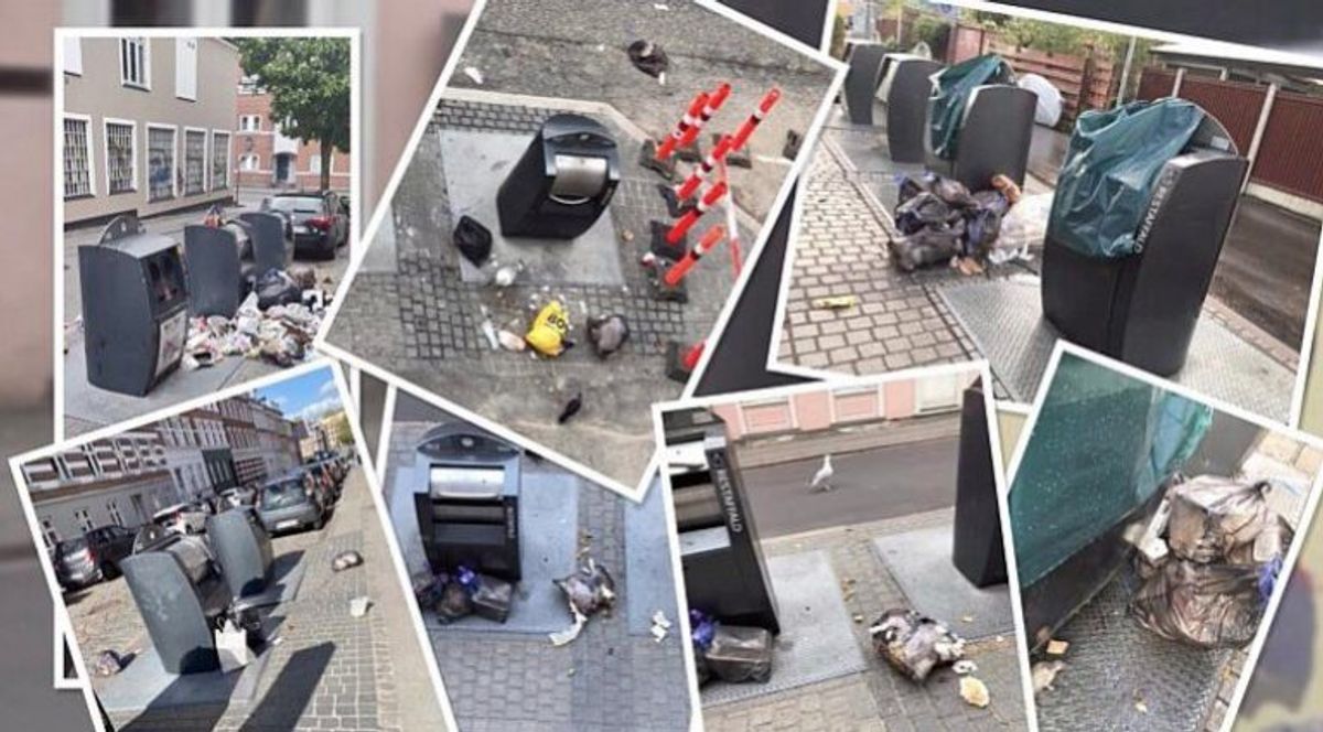 Ophobning af affald skyldes ifølge beboerne dels at de underjordiske affaldscontainere bliver overfyldt og dels at skakterne bliver blokeret. – Foto: Facebook-gruppen “Øgadernes beboere”/TV2 Østjylland.