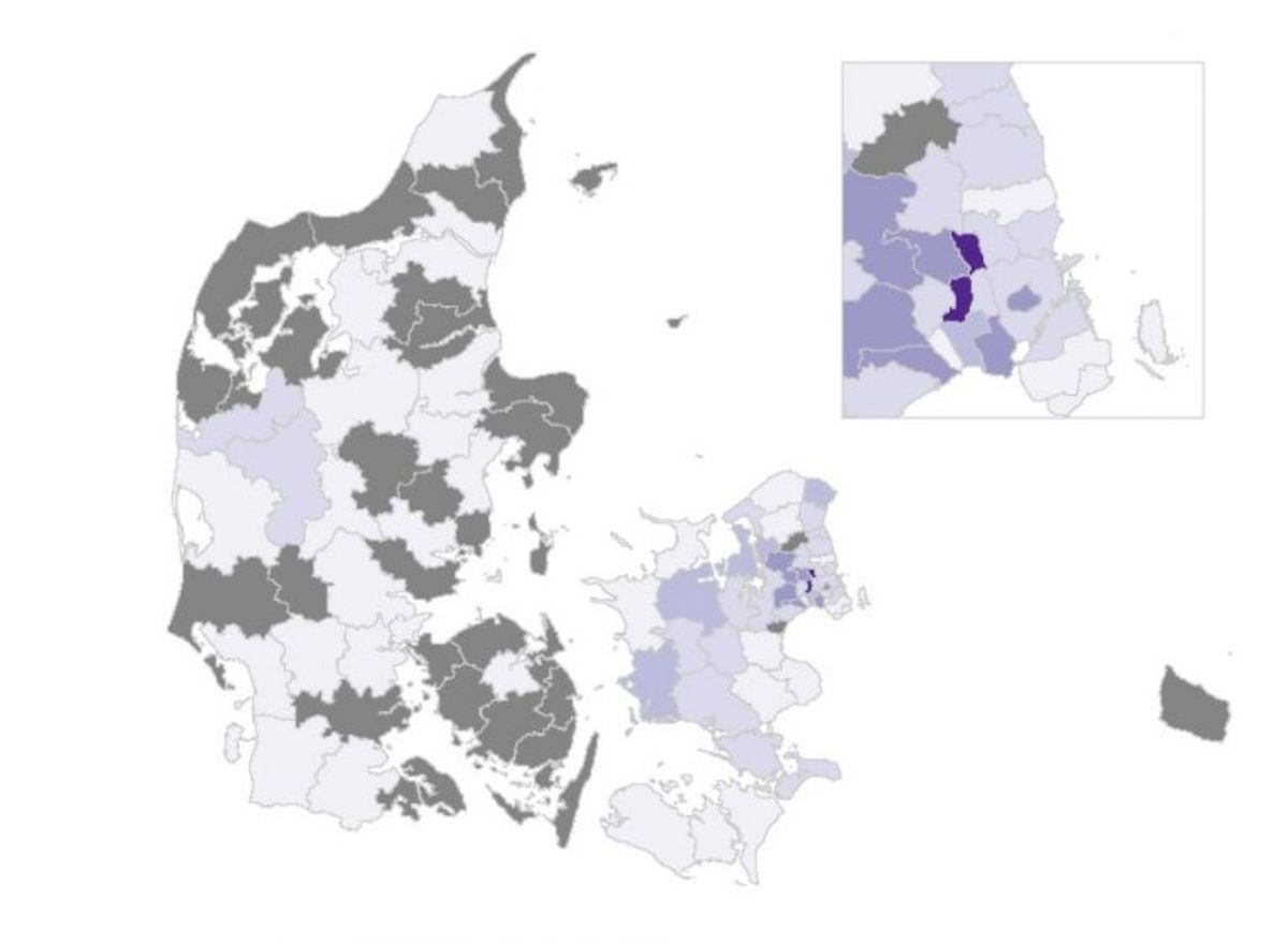 Således er situationen i Danmark. De grå kommuner har ingen nye tilfælde. Foto: SSI
