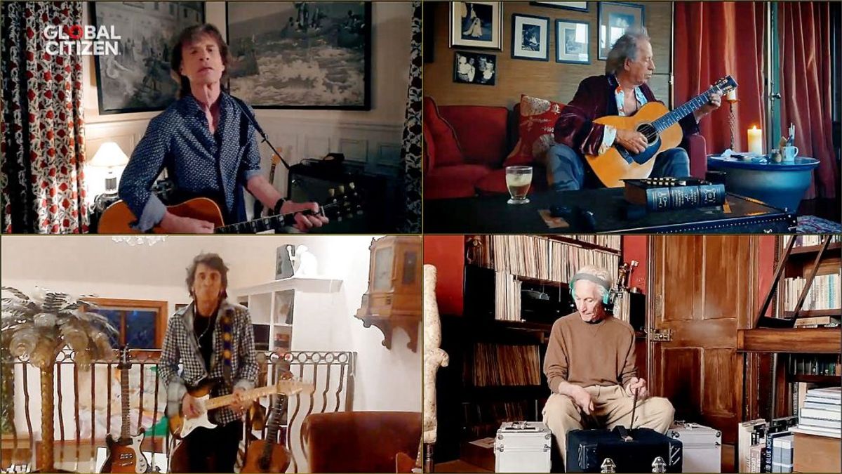 Mick Jagger, Keith Richards, Ronnie Wood og Charlie Watts fra ”The Rolling Stones” under lørdagens koncert. Foto: Global Citizen/Handout/Scanpix.