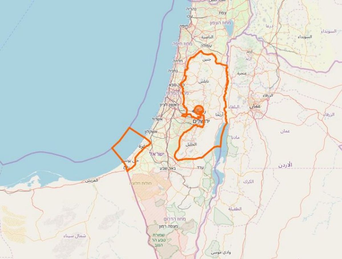 Palæstina: “Vi fraråder alle rejser til Gazastriben på grund af risikoen for raketangreb, terror og kidnapning.” Foto: Openstreetmaps-bidragsydere (C)