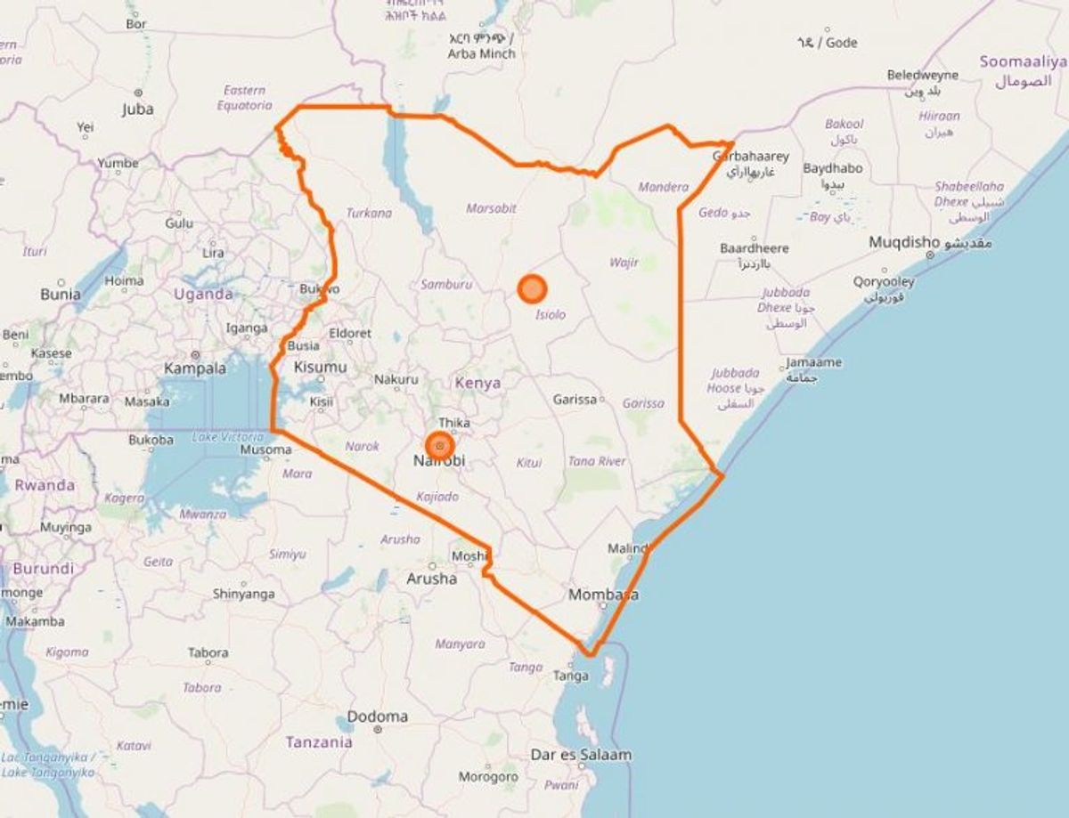 Kenya: “Vi fraråder alle rejser til grænseområdet til Somalia og til kysten nord for øen Lamu til grænsen til Somalia. Der er risiko for terrorangreb og kidnapning. Der er en meget høj sikkerhedsrisiko.” Foto: Openstreetmap-bidragsydere (C)