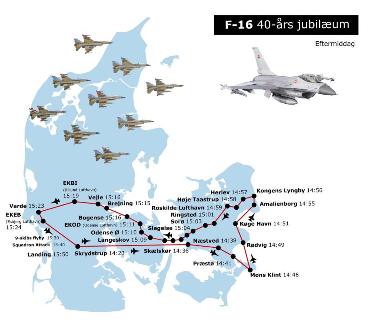 Her kan man opleve de 10 F16 fly i eftermiddagstimerne. Foto: Forsvaret.