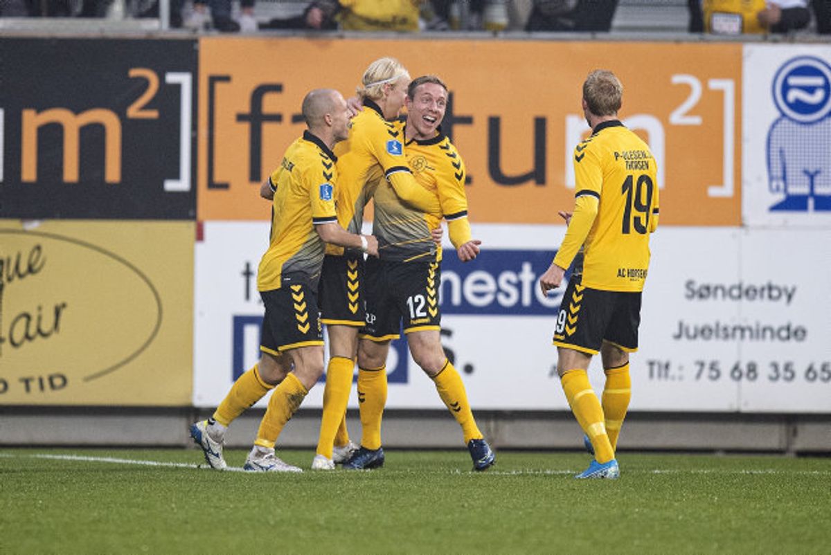Rune Frantsen bragte AC Horsens foran 1-0 mod Silkeborg i opgøret i 3F Superligaen lørdag. Foto: Claus Fisker/Scanpix