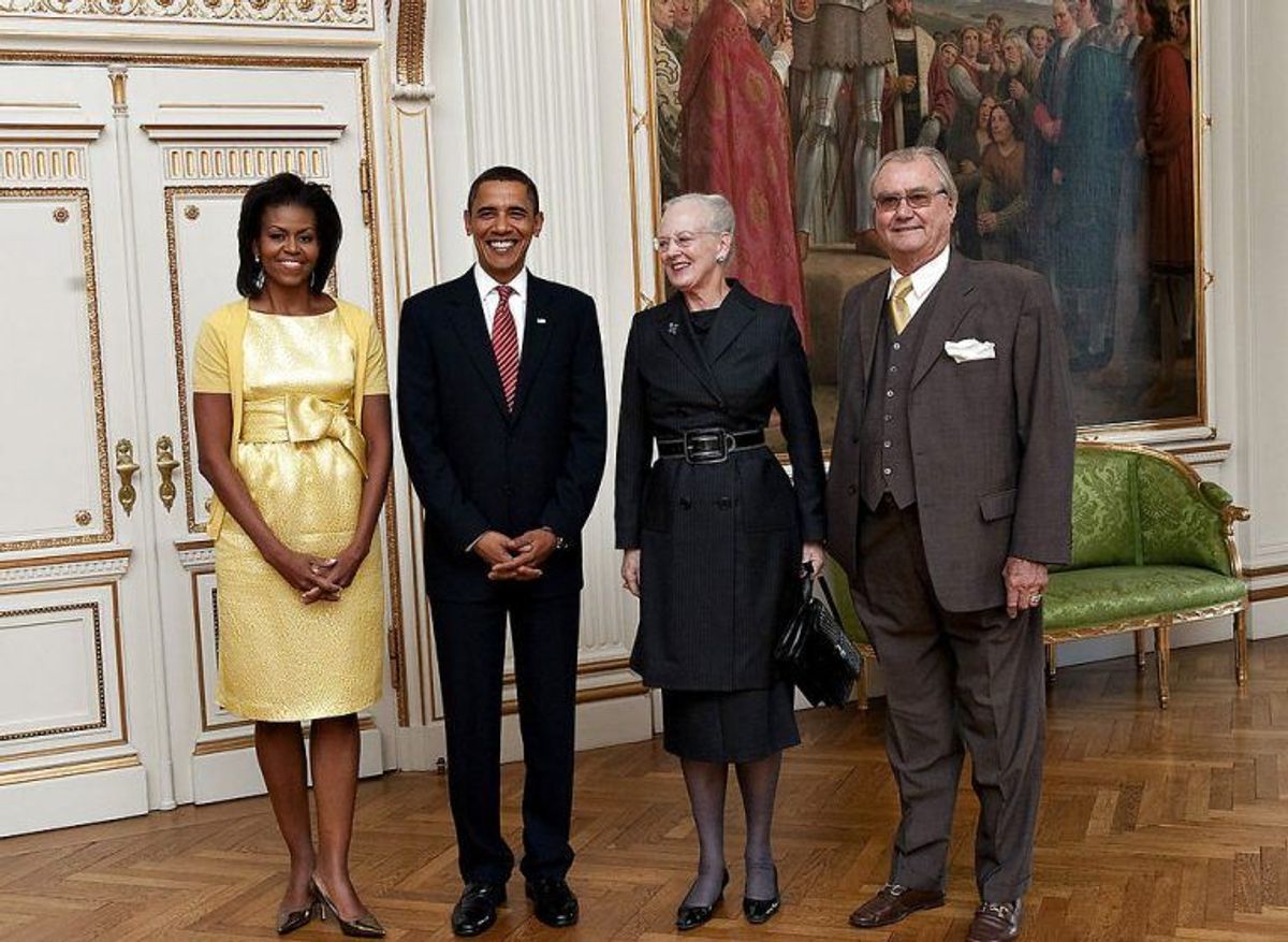 (ARKIV) Dronning Margrethe og prins Henrik (th) mødtes fredag d. 2. oktober 2009 med den daværende amerikanske præsident Barack Obama og hans hustru Michelle Obama. (Foto: Keld Navntoft/Ritzau Scanpix)