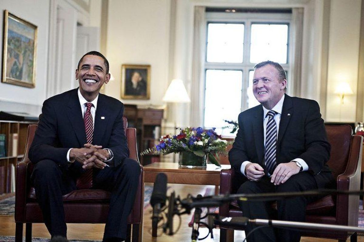 (ARKIV) Statsminister Lars Løkke Rasmussen mødes med USAs præsident Barack Obama fredag formiddag d.2. oktober 2009 i Statsministeriet, efter præsidentens tale ved Chicagos præsentation af oplægget til værtsskabet for OL i 2016 i Bella Center. (Foto: Liselotte Sabroe/Ritzau Scanpix)