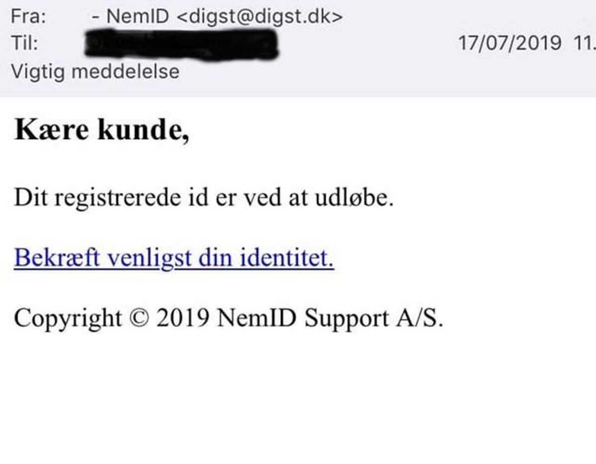 Her er den mail, Digitaliseringsstyrelsen selv advarer mod. Afsenderen ser ellers ud til at være styrelsen selv. Mailen er falsk. Klik videre og se en anden – dog mindre troværdig – svindelmail, der i øjeblikket rundsendes. Foto: Screenshot