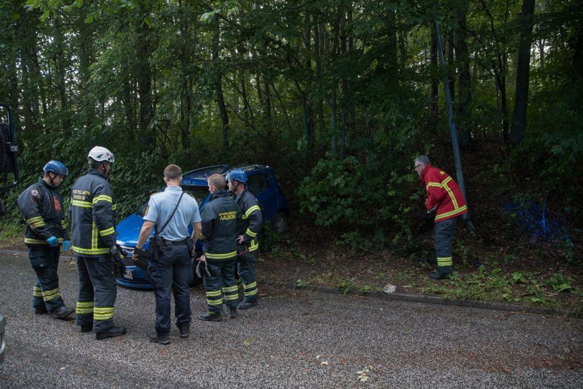 Bilen lå halvvejs ude i skovkanten. KLIK VIDERE FOR FLERE BILLEDER. Foto: Rasmus Skaftved