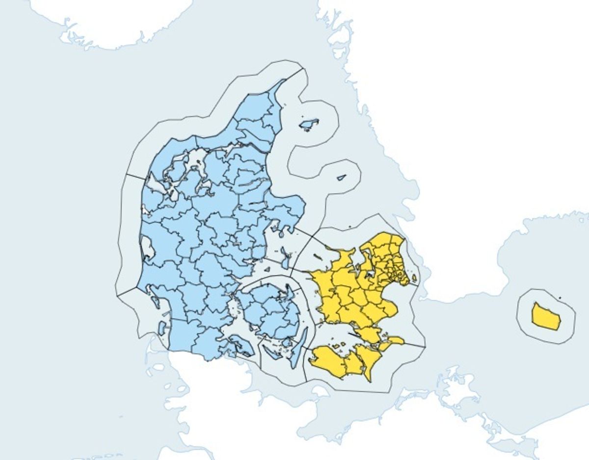 Blå betyder risiko for voldsomt vejr. Gul betyder, at der kommer voldsomt vejr. Varslet gælder fra lørdag 08.45. Foto: DMI.