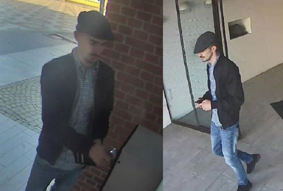 Gerningsmand A, 25-35 år, slank af bygning, mørkt hår, mørkt skæg, ved købene i Føtex samt ved kontanthævningerne var han iført mørk sixpence kasket, sort jakke, blå/hvid ternet skjorte, blå jeans, sorte sko. Foto: Midt- og Vestjyllands Politi
