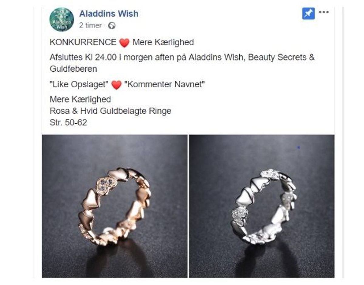 Sådan ser et af de mange opslag om konkurrencer ud. I tekstfeltet ses det, at konkurrencen afsluttes på både Aladdins Wish, Beauty Secrets og Guldfeberen. Foto: Screenshot