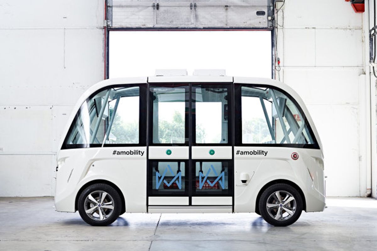 Selskabet Autonomous Mobility har to typer af selvkørende busser i sin portefølje. Bussen på billedet går under navnet “Arma” og er produceret af franske Navya. Modellen er allerede i rutedrift i bl.a. Sion, Lyon, Detroit og Los Angeles. Foto: Pressefoto/autonomous Mobility/Free