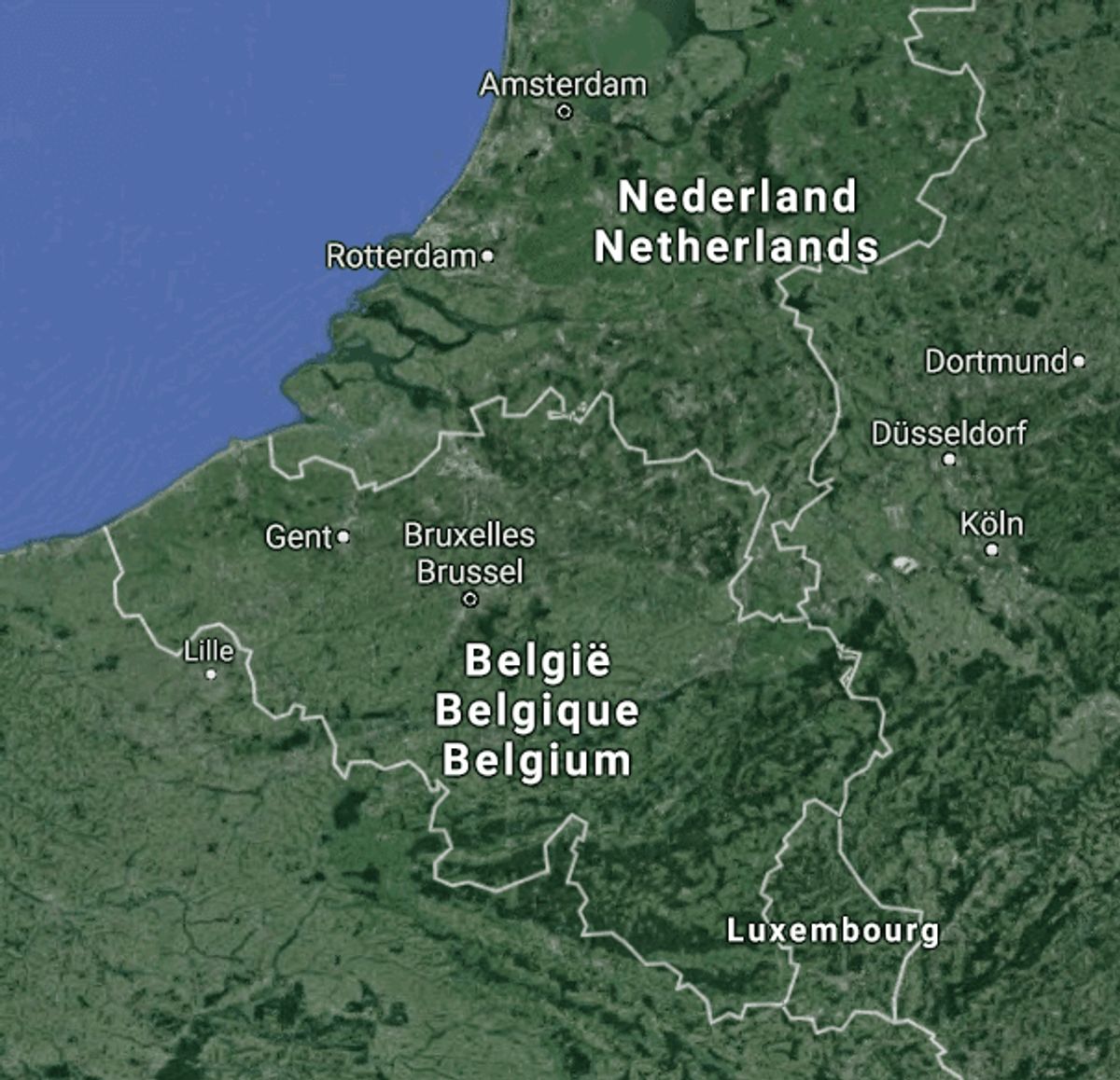 Belgien, Luxembourg og Holland. Foto: Google Maps.