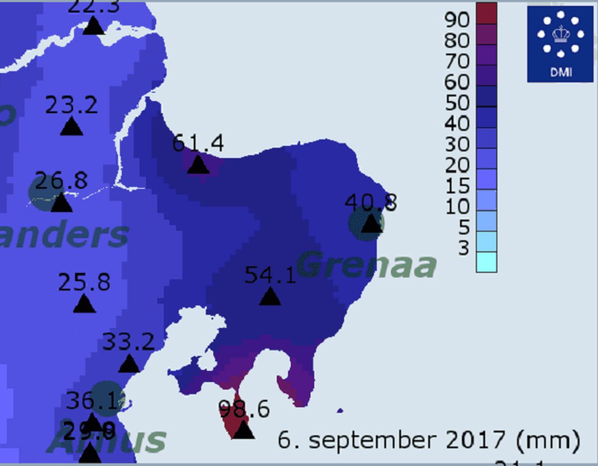 Sådan fordelte regnen sig på Djursland onsdag – Helgoland fik mest, nemlig hele 98,6 mm. Grafik: DMI.