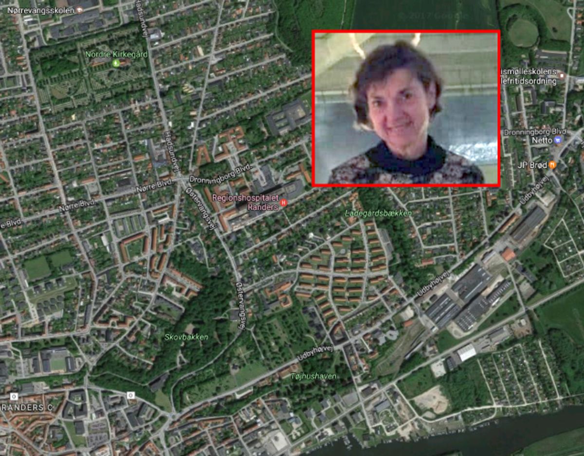 Lisbeth Hansen forlod sygehuset i Randers onsdag aften. Klik videre i galleriet og se et større billede af hende. Foto: Politiet/Google Maps.