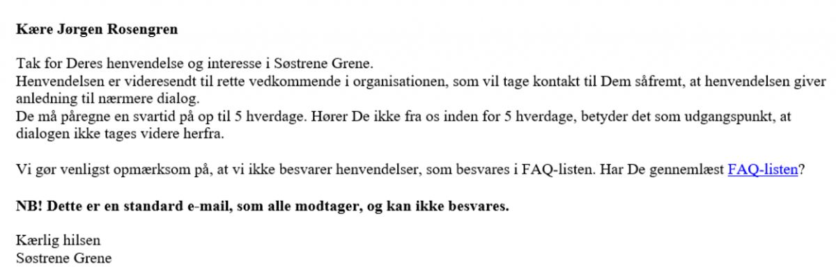 Svar fra Søstrene Grene. Foto: Skærmbillede.
