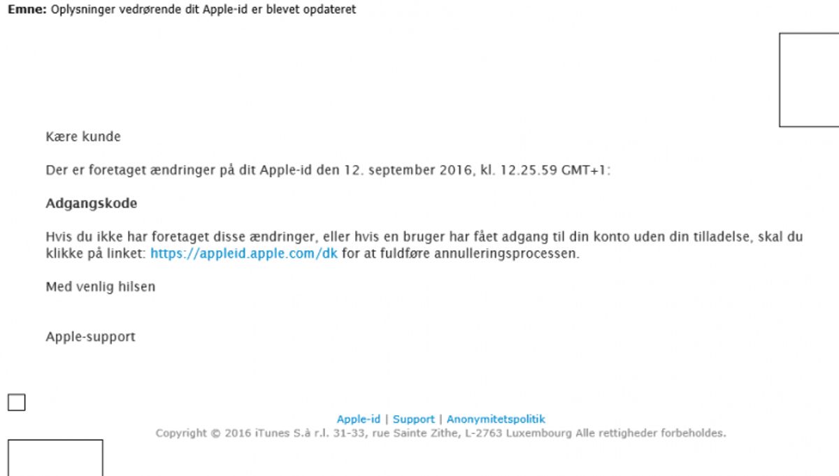 Sådan ser den fupmail, der endte med at koste en borger den nette sum af 24.000 kroner ud. Foto: Politiet.