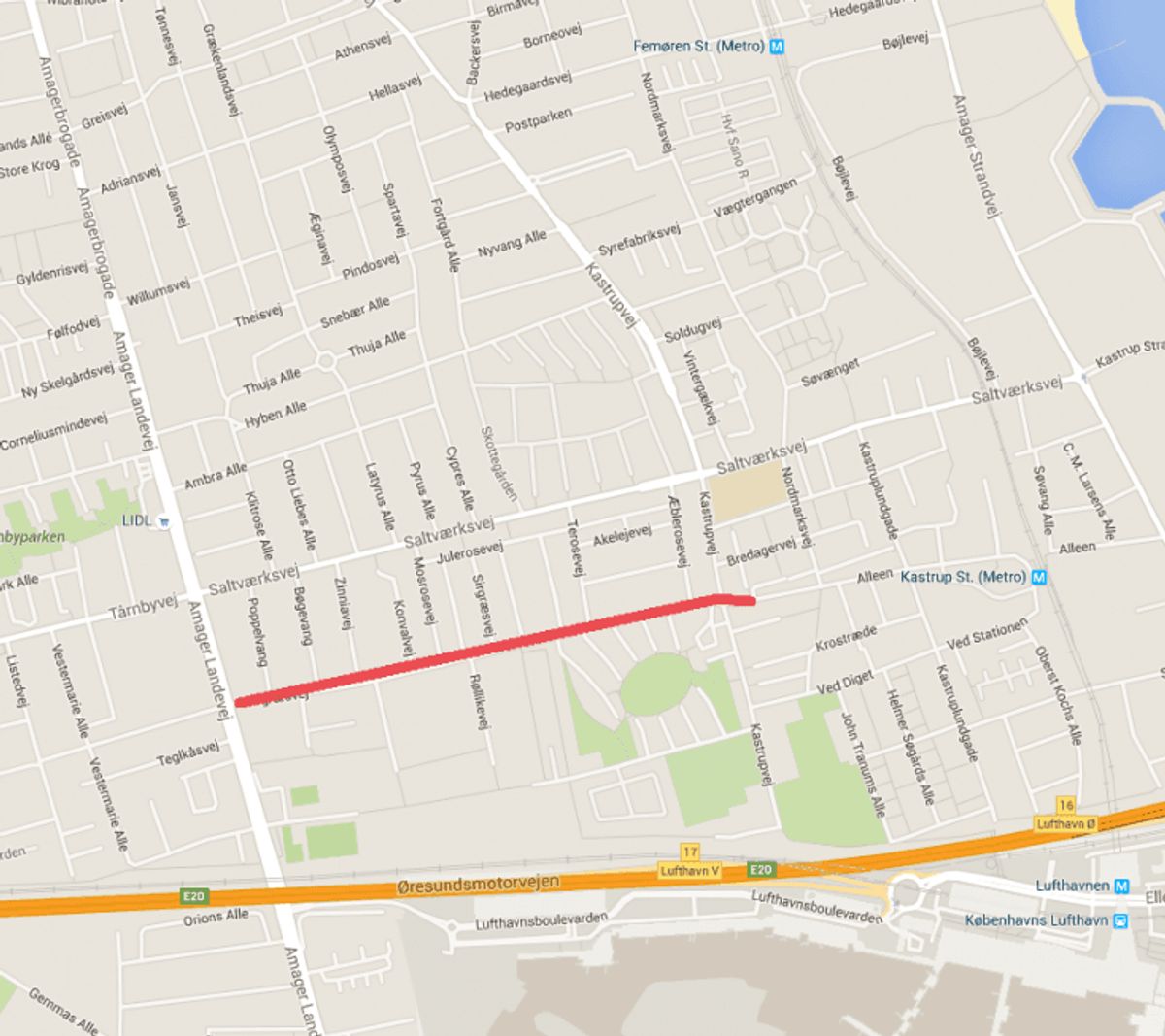 En mand er fredag aften blevet stukket ti gange med kniv af en bekendt på Sirgræsvej på Amager. Foto: Google Maps.