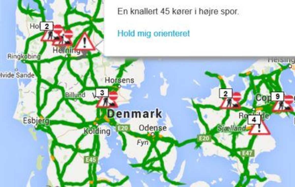 Hændelsen fandt sted på Herningmotorvejen fra Silkeborg mod Herning mellem Bording og Ikast Ø. Foto: Trafikken.dk