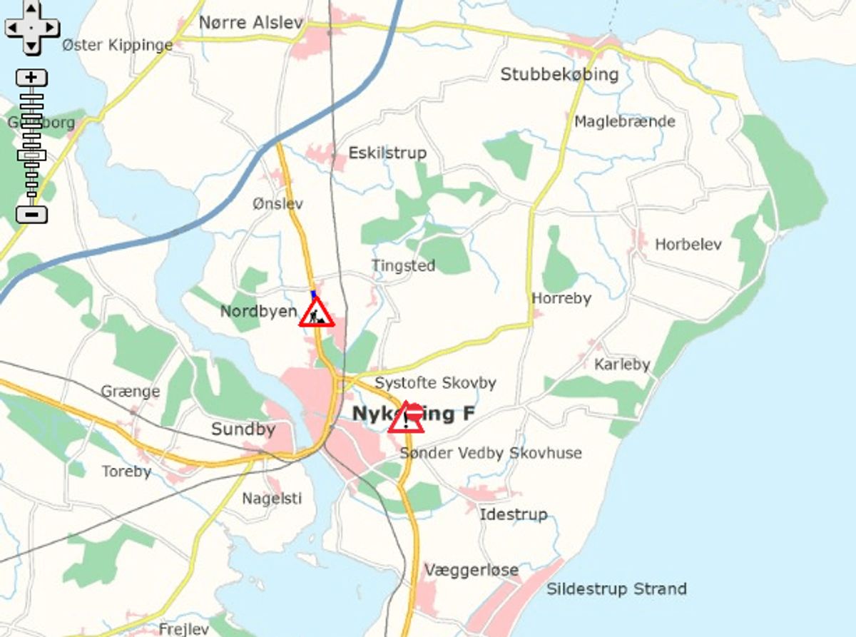 Ifølge vejdirektoratet er det sket her på E55 på omfartsvejen mod Nykøbing Falster. Foto: Trafikken.dk.